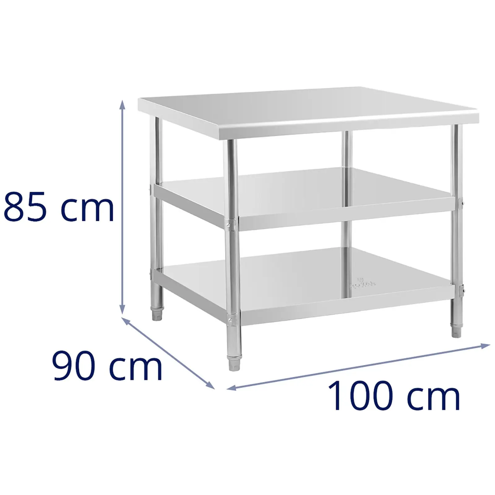 Pracovný stôl z nehrdzavejúcej ocele - 100 x 90 x 5 cm - 195 kg - 2 police 