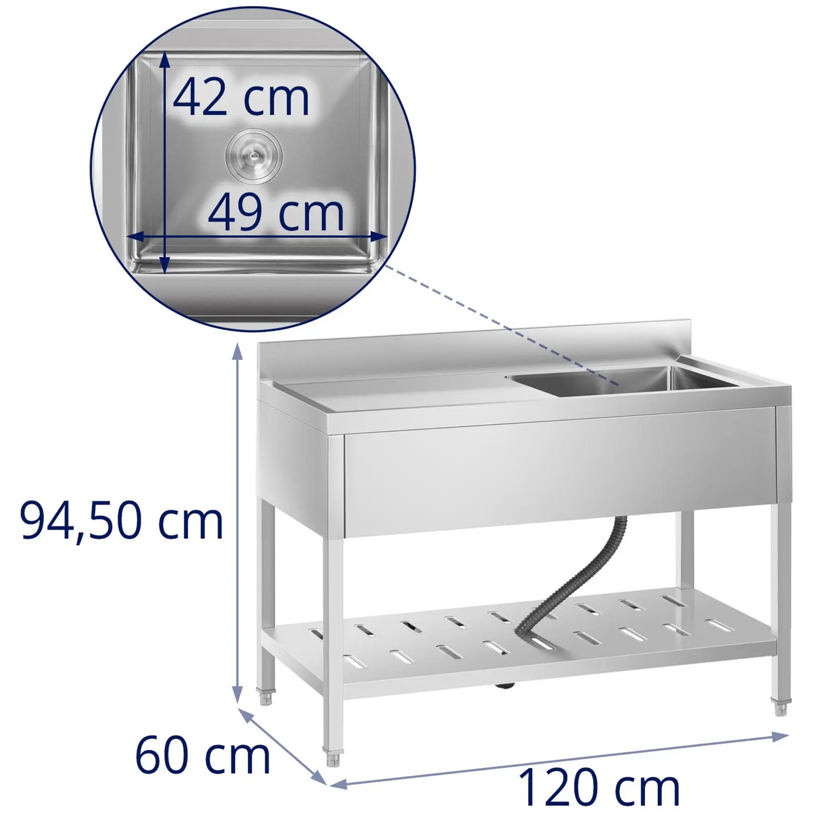 Umývací drezový stôl - 1 umývadlo - ušľachtilá oceľ - 49 x 42 x 24,5 cm