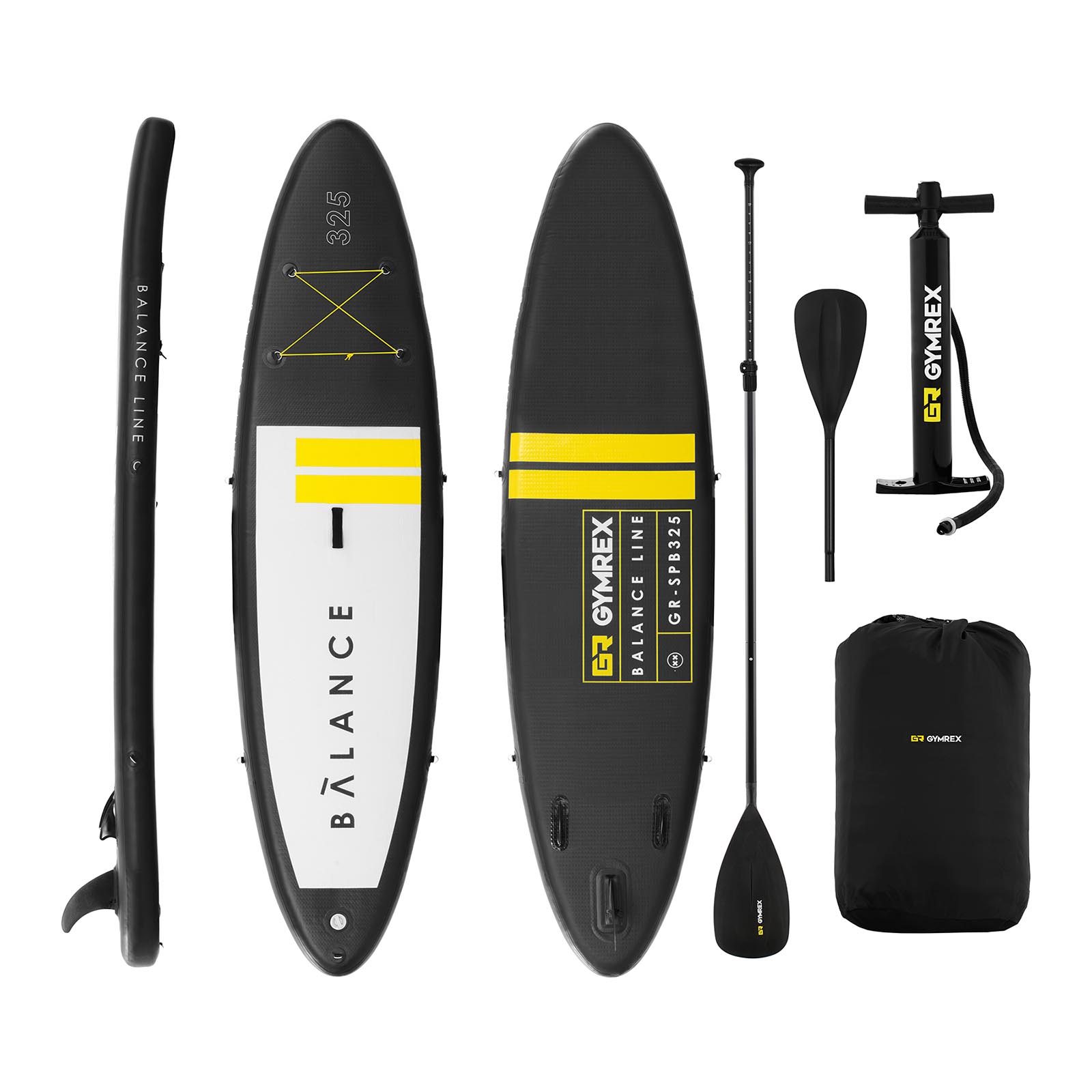 Nafukovací paddleboard - 145 kg - čierna / žltá - sada s pádlom a príslušenstvom