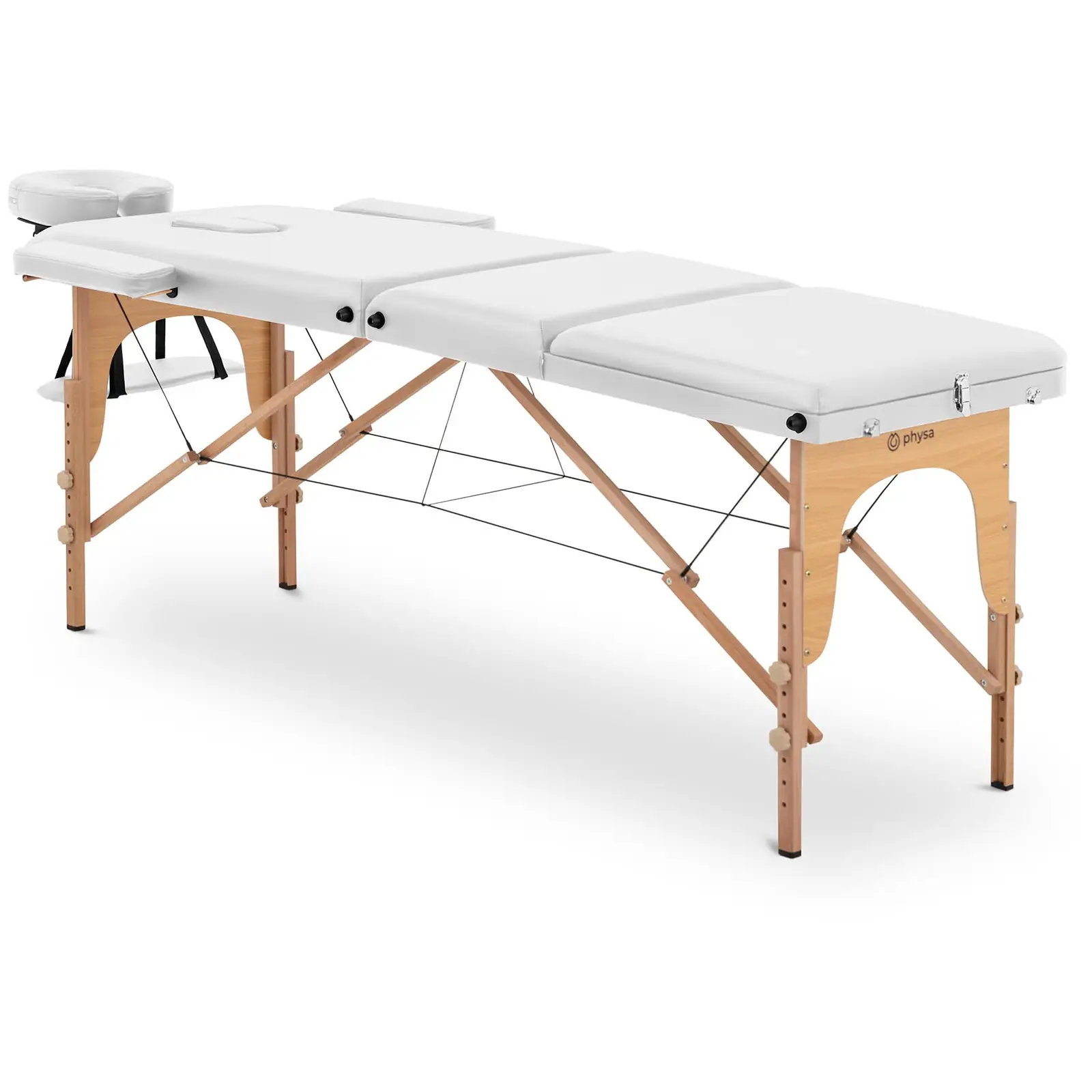 Masážny stôl rozkladací - extra široký (70 cm) - sklopná opierka nôh - bukové drevo - biela
